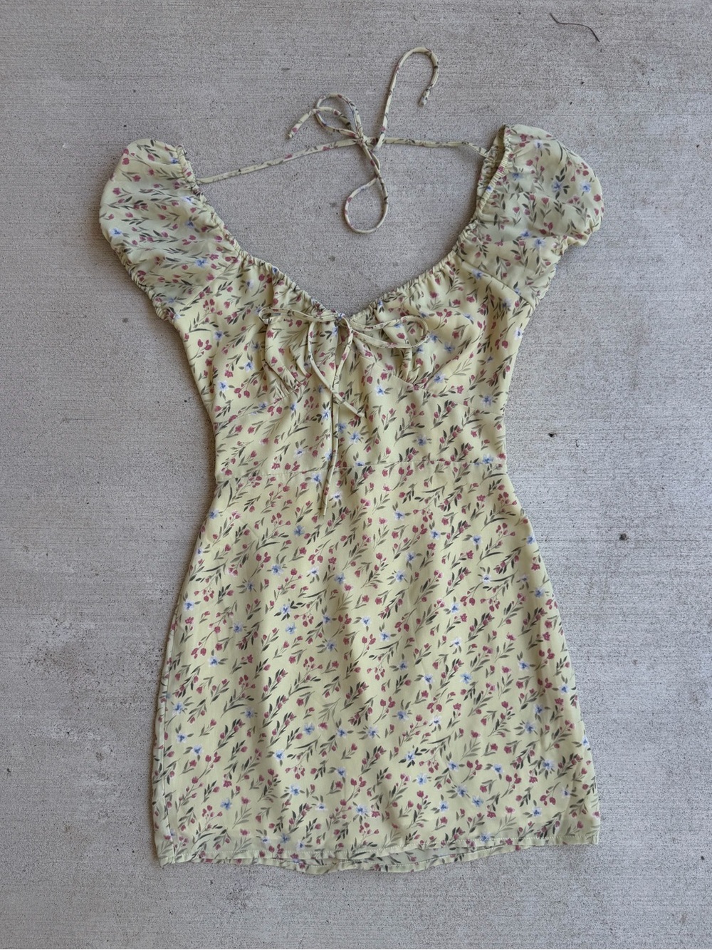 Kittenish Floral Mini Dress with tie details and baby sleeves